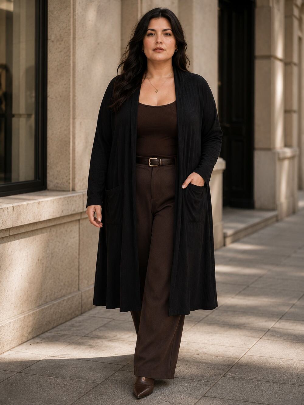 Tahari NWT Ribbed Open Front Duster Cardigan Black 1X Plus Size Pockets